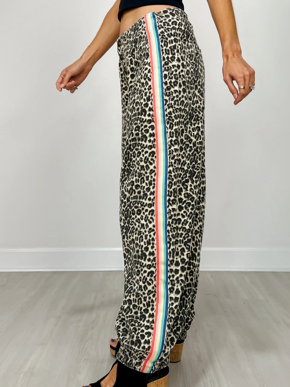 POL Leopard Print Pants with Multi-Color Side Stripe